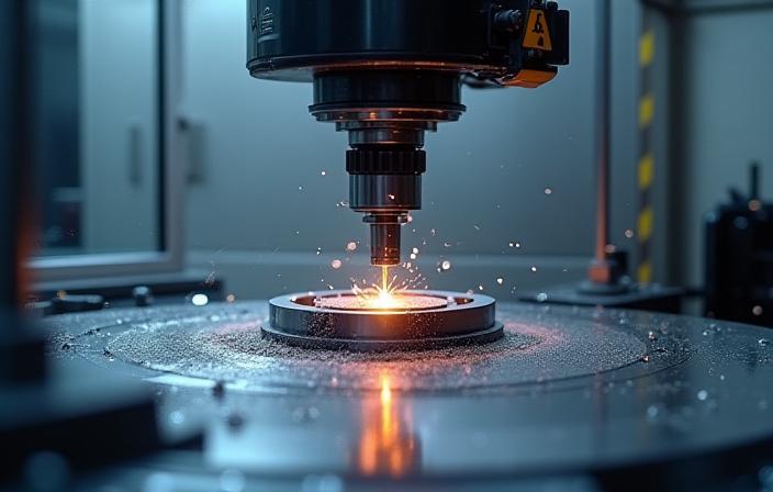 Un centro de mecanizado CNC de 5 ejes trabajando en una pieza compleja.