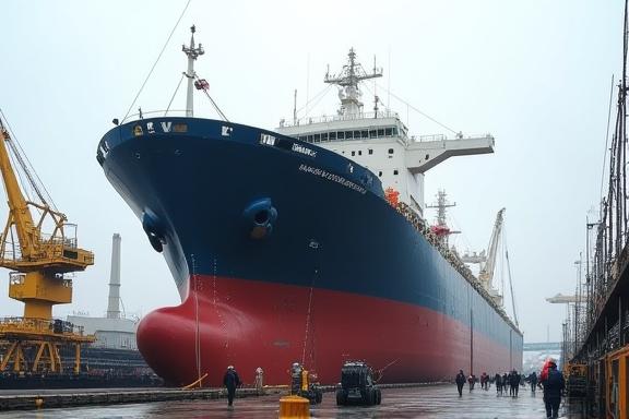 Un gran buque de carga en un astillero.