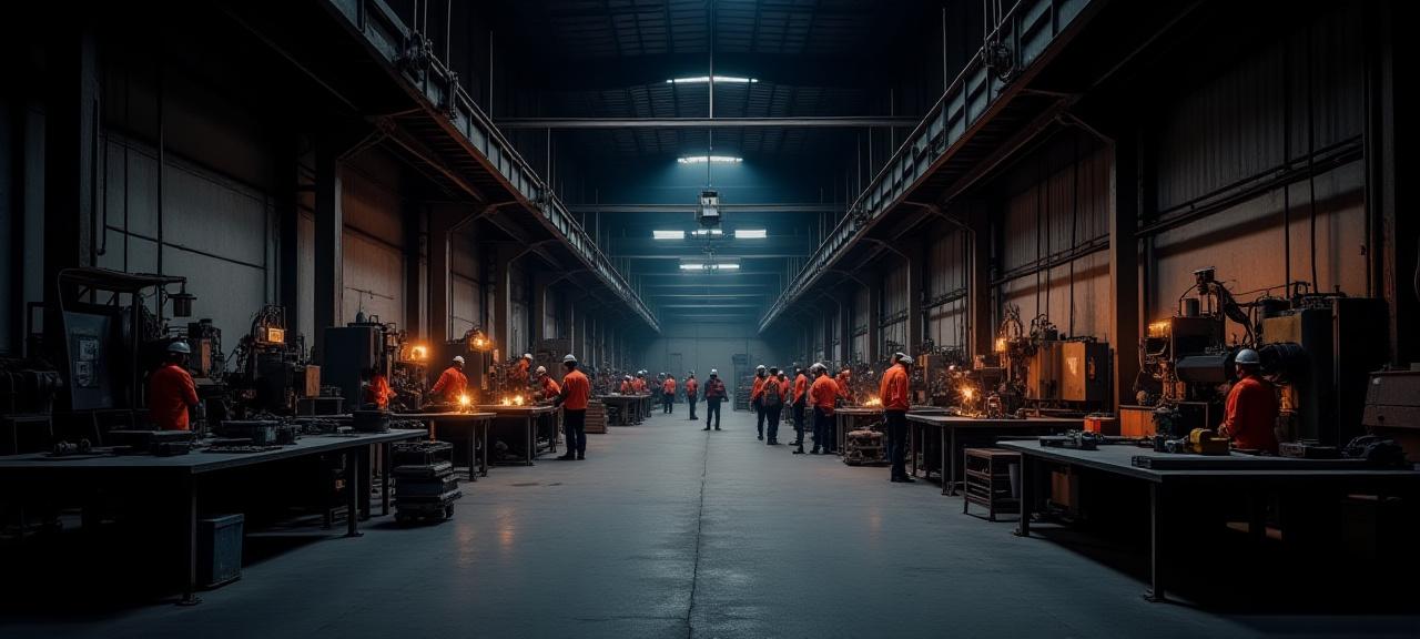 Vista panorámica del taller de Ferro Oleaje con operarios trabajando.